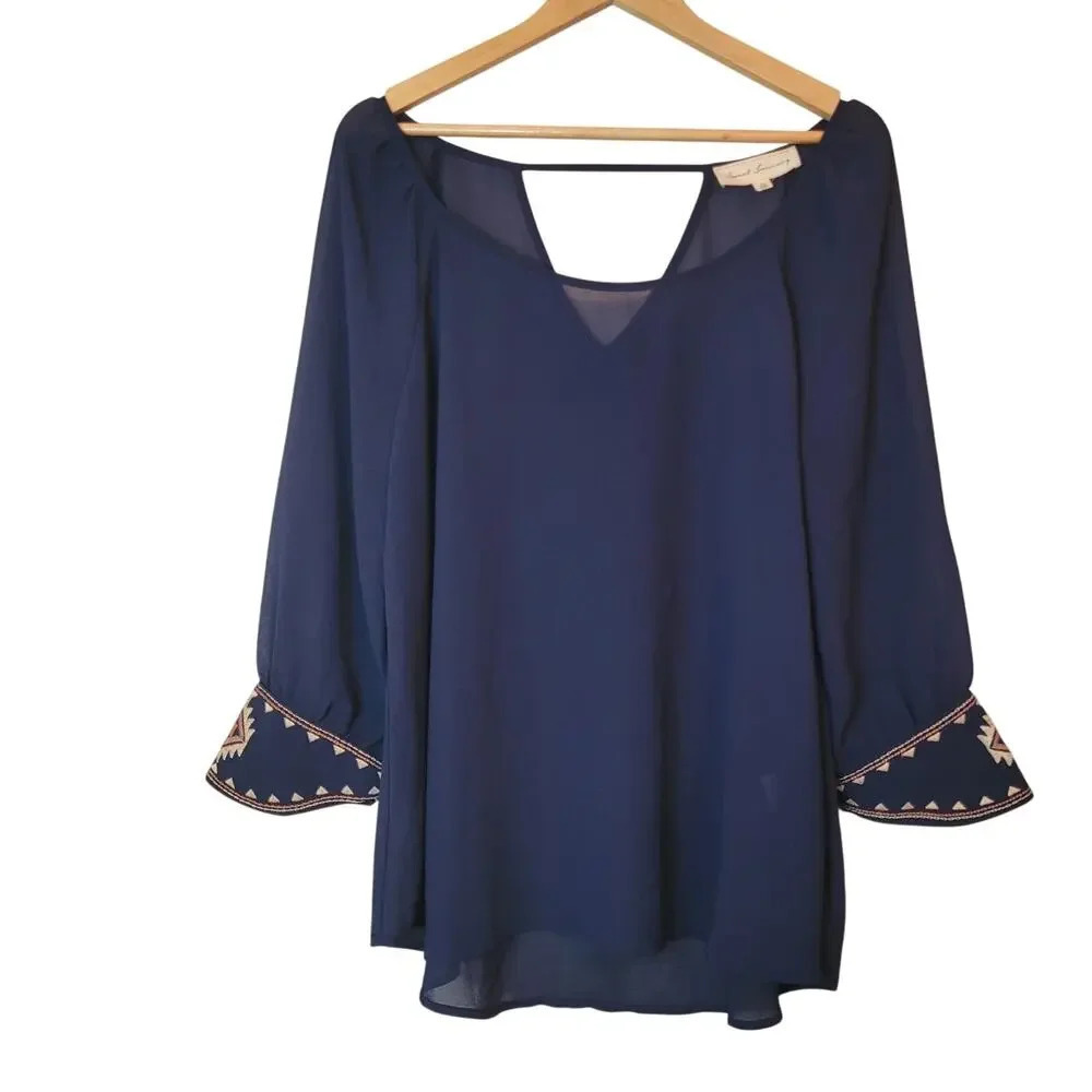 Sweet Journey Womens Blouse Top XL Blue Loose Sheer Long Sleeves Scoop Neck